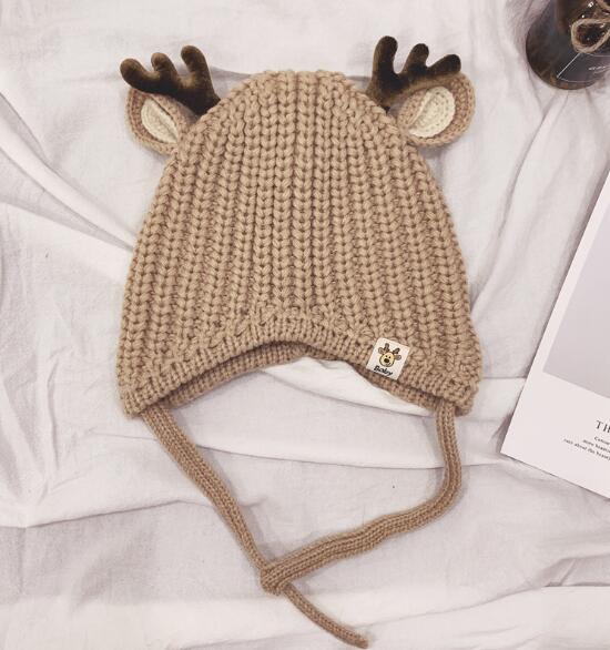 Baby Boys Girls Reindeer Beanie Hat Kids Christmas Hats Knit Cap Elk Horn Winter Hat: Beige