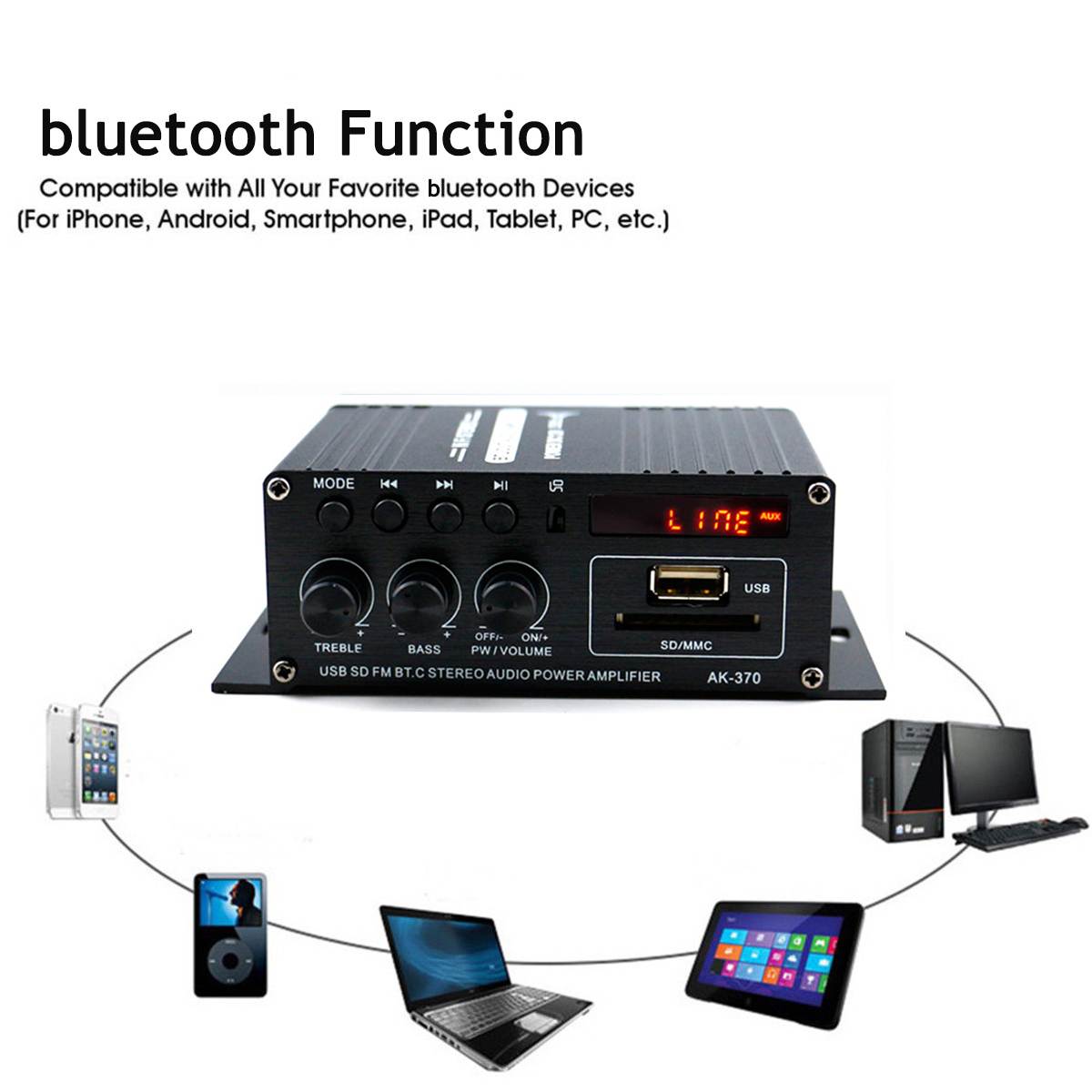 AK370 400W 2*200W HIFI Car Stereo Audio Power Amplifier bluetooth Subwoofer Bass Car Home Sound Speaker FM USB SD Remote Control