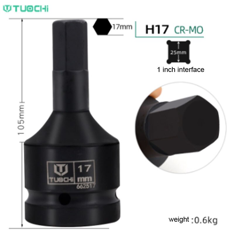 1PCS 1 inch Drive Impact Bit Socket CR-MO Heavy Hex Socket Bit Adapter 105mm Lenght Allen Key Wrench Head Pneumatic Socket Set: H17