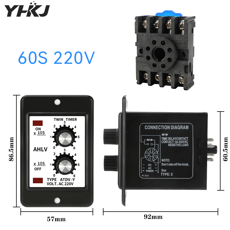 Adjustable Dual Time Relay Repeat Cycle Timer ATDV-Y ON OFF 3S/6S/12S/30S/60S/3M/6M/12M/30M/60M 220V Twin Timer With Socket Base: Other