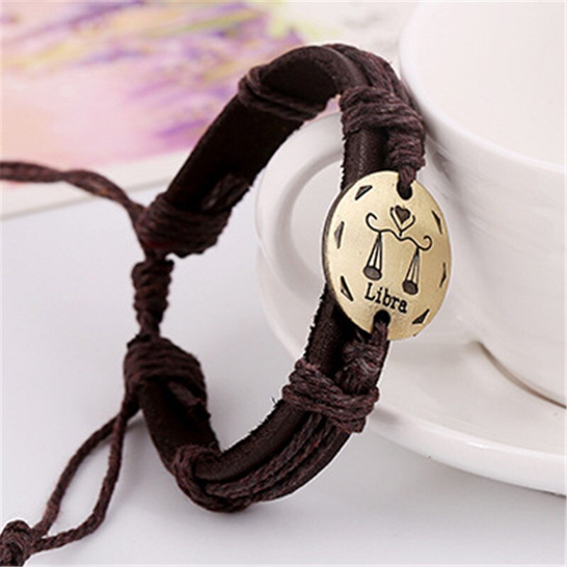 12 konstellationer armbånd smykker læder armbånd mænd afslappet personlighed stjernetegn punk armbånd: Libra