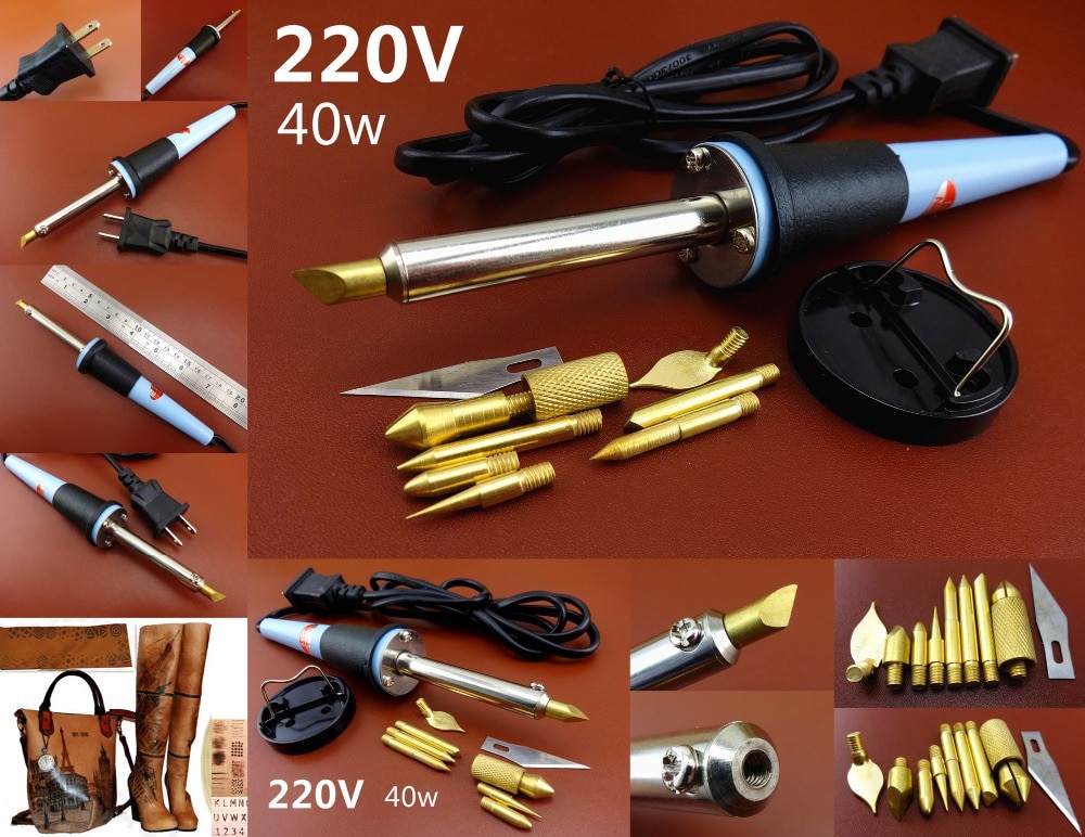 1set 220V Leather Wood Craft Carving Pyrography Burning Pen Soldering Iron Tool Set 8 Soldering Iron Tips Edger Creaser Awl
