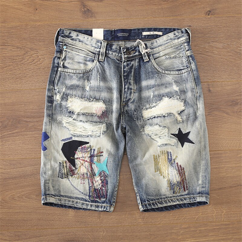 Japanese Harajuku Patchwork Ripped Jean Shorts Urban Boys Streetwear Distressed Hip Hop Punk Denim Shorts Plus Size