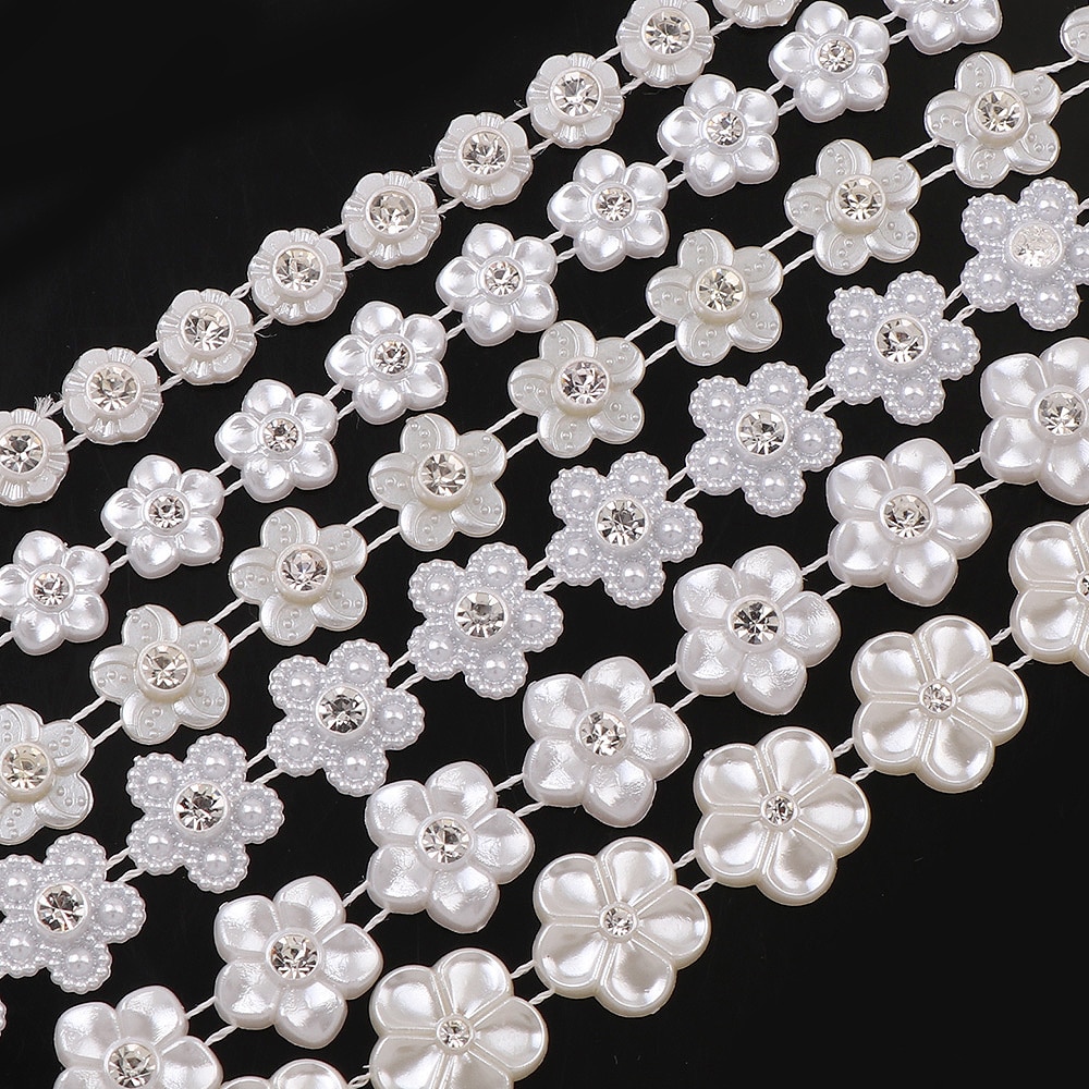 Línea de pesca con forma de flor, 1 yarda, cadena de cuentas de perlas de espalda plana Artificial para materiales de decoración para boda DIY, accesorio