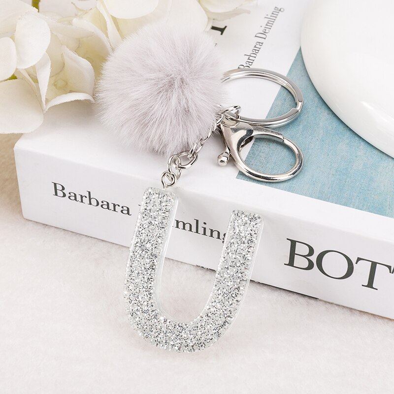 1 PC Sleutelhanger Zilver Kleur Engels Brief Sleutelhanger met Puffer Bal 26 Engels woord Glitter Hars A TOT Q Handtas bedels voor Vrouw: BLACK PEARL