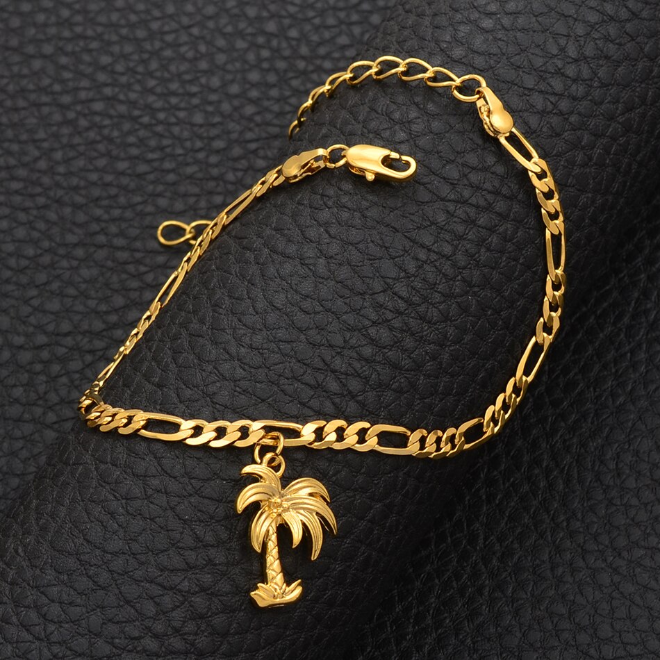 Anniyo Coconut Tree Anklets Gold Color Jewelry Plant Charm Palm Foot Chains for Women Mom Wedding and Party #214806