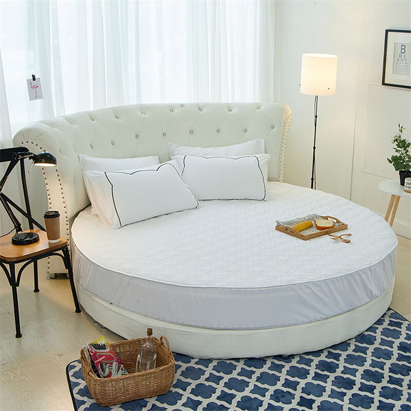 Runde quiltet madrasbeskytter bomuldslaken med elastikbånd romantisk tema hotel sengelinned bryllupssengetøj: Hvid / Diameter 200cm