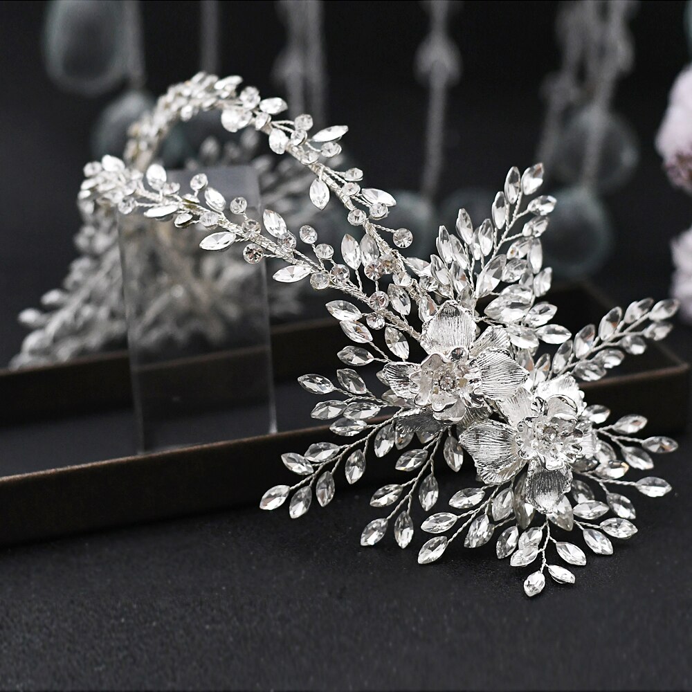 Trixy H284 Luxe Bridal Hoofdband Sieraden Hoofdband Bruiloft Haar Accessoires Prinses Kroon Zilveren Bloem Hoofddeksel