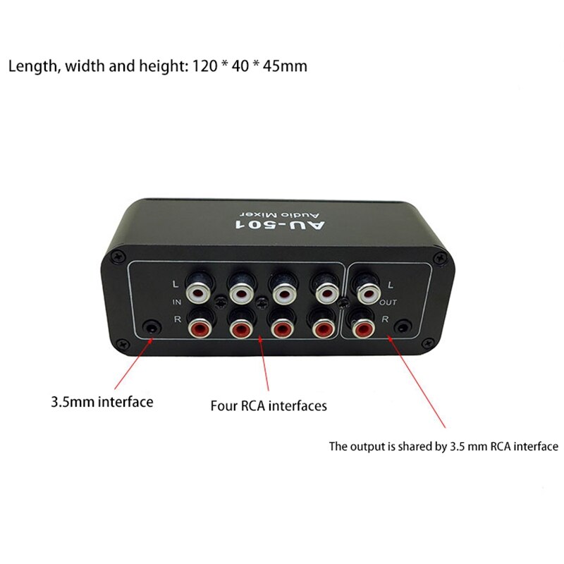 Stereo Audio Mixer (5 Input 1 Output) Multi-Channel Audio Source Reverberator Switch-Free 3.5mm+RCA Interface Diy