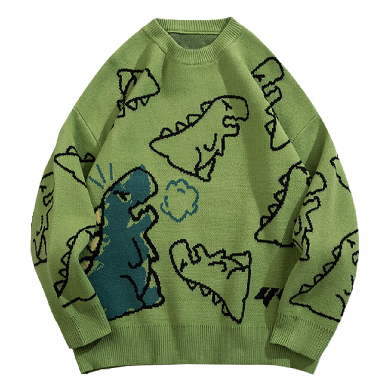 Suéter de punto Harajuku, ropa de calle con dibujo de dinosaurio de dibujos animados, ropa informal estilo Hip Hop, Tops informales verdes: Green / L