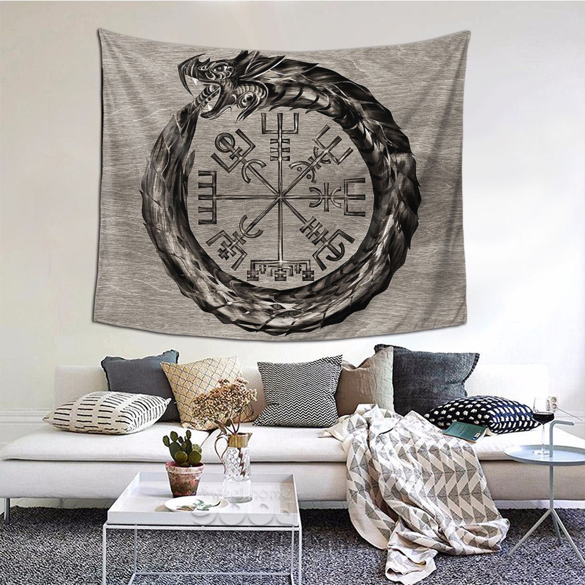 Ouroboros-Tapiz de vikingo con Vegvisir, Tapiz colgante de tela de mesa, de poliéster, para decoración del hogar: 229x152cm 90x60in