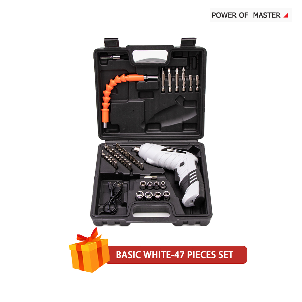 Wireless Electric Screwdriver Set Rechargeable Drill and Screwdriver Battery Twistable Handle LED For Woodworking Power Tools: white-47pcs set