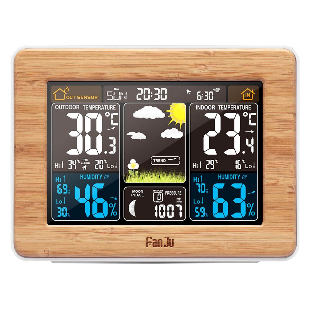 FanJu FJ3365 Digital Weather Station Alarm Clock Electronic Barometer Thermometer Hygrometer with Wireless Outdoor Sensor: Wood