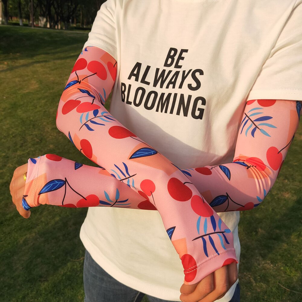Dames arm mouwen ijs zijde koud fruit bloemen print zonnehandschoenen halve vinger auto armwarmers sport zonnebrandcrème mouw: G
