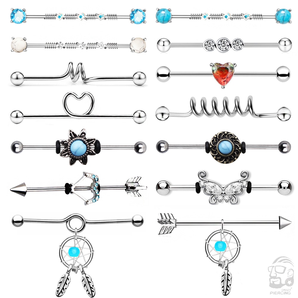 Schmetterling Pfeil Industrielle Hantel für Frauen Männer Stahl CZ Knorpel Wendel Ohrringe Zucht Karosserie durchbohren Schmuck Oreja 14G x 38mm 1PC