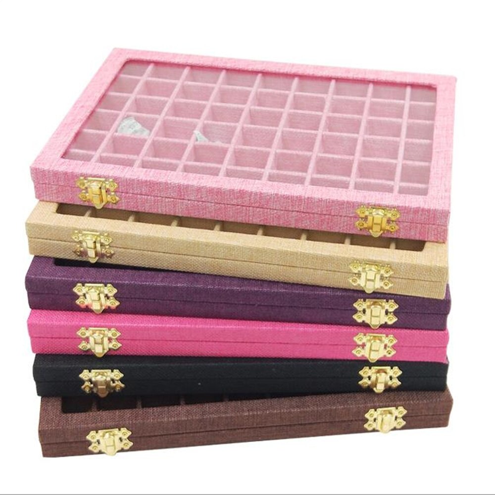 Caja de Porta anillos con tapa de cristal transparente de 54 rejillas, organizador de embalaje de joyería, caja de joyería para pendientes, collares y pulseras