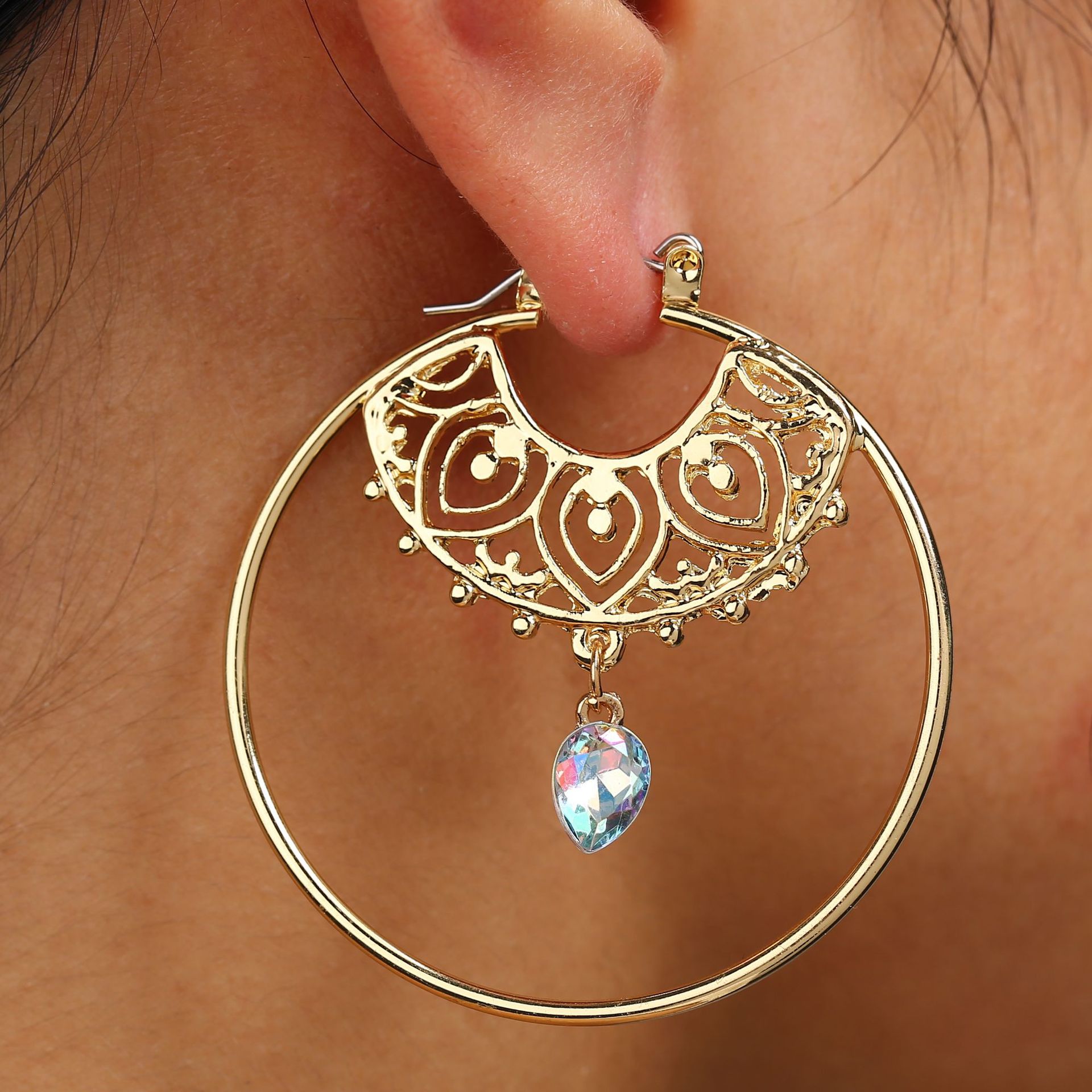 Vintage Trendy Goud Kleur Hoepel Oorbellen Voor Vrouwen Bohemian Crystal Verklaring Geometry Ronde Creoolse Earring Pierce Sieraden