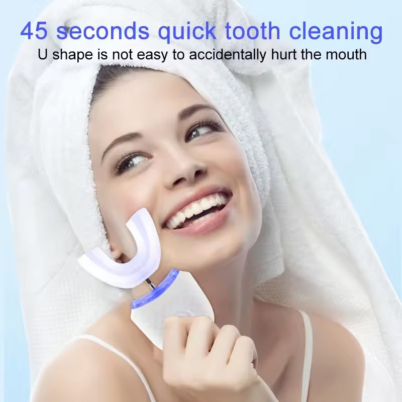 Ultrasonic Electric Toothbrush Adult Travel Home Automatic Rechargeable Hands Free 360 Cleaning U Shape Toothbrush Teeth Guard