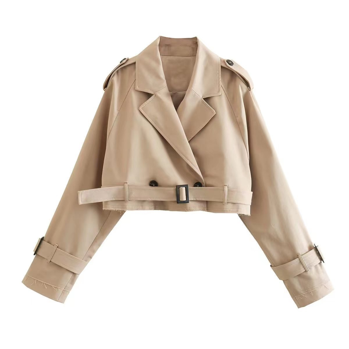 Jahrgang Gürtel Abgeschnitten Graben Jacke Frauen Langarm Revers Mantel Herbst Winter Zweireiher Spitzen Weibliche Streetwear: L / Kakifarbig