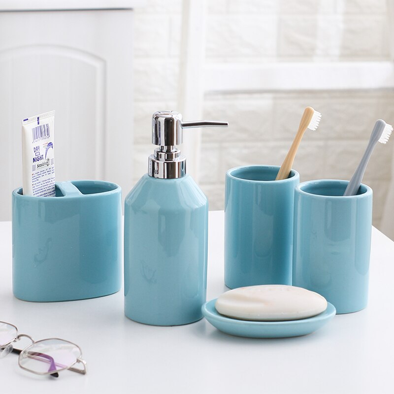Roze Keramische Badkamer Toilettas Set-Pure Kleur Badkamer Vijf Stuk Set-Huishoudelijke Accessoires Set-Druk Fles-Badkamer Kit Suppli: C