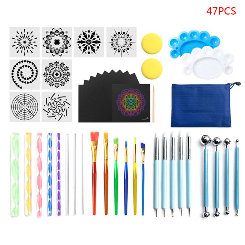 47 teile/satz Mandala Punktierung Werkzeuge für Malerei Felsen Stein Stift Schablone Schablone Pinsel Tablett Bausatz