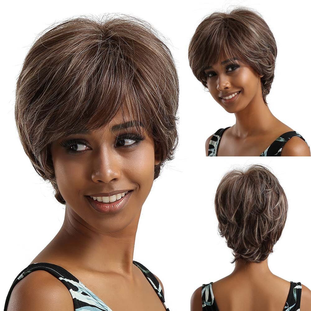 Bob corto-Peluca de cabello lacio Castaño para mujer, pelo sintético con flequillo, capas esponjosas, pelucas para uso diario, fibra resistente al calor: ss109-1