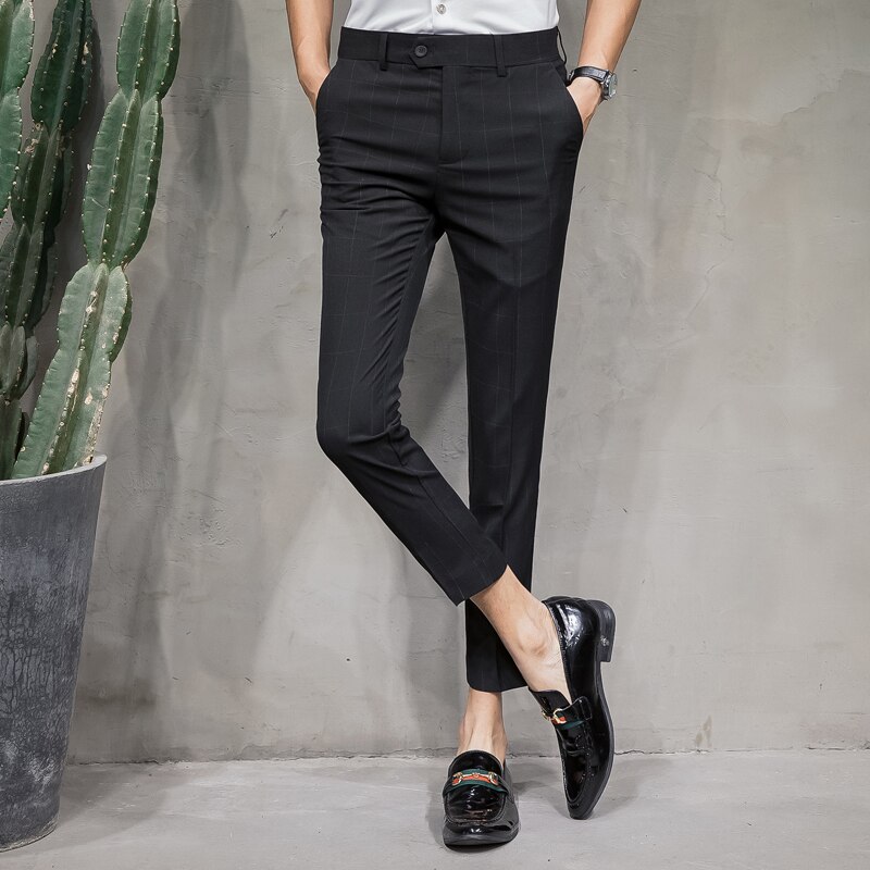 Pants Mens Plaid Checkered Pants Perfume Men Dress Pants Slim Fit Pantalon Hombre Vestir Summer Casual Mens Trousers Office: Black / 32