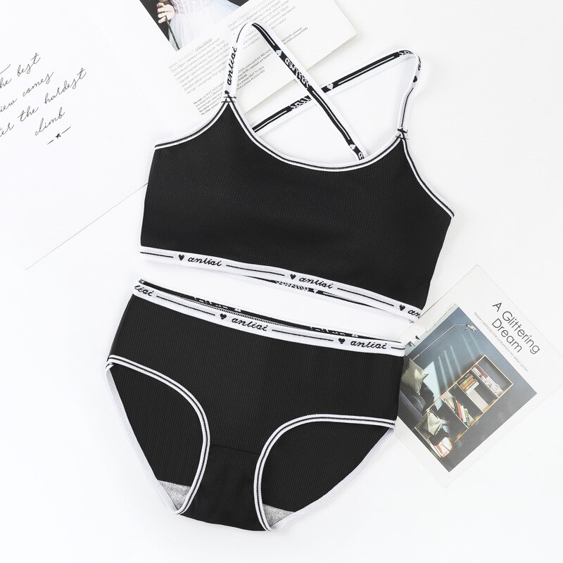 Girls Bra and Panty Sets Teenage Padded Sport Training Bra+Panties Puberty Students Letter Printed Brassiere Underwear Panties: black