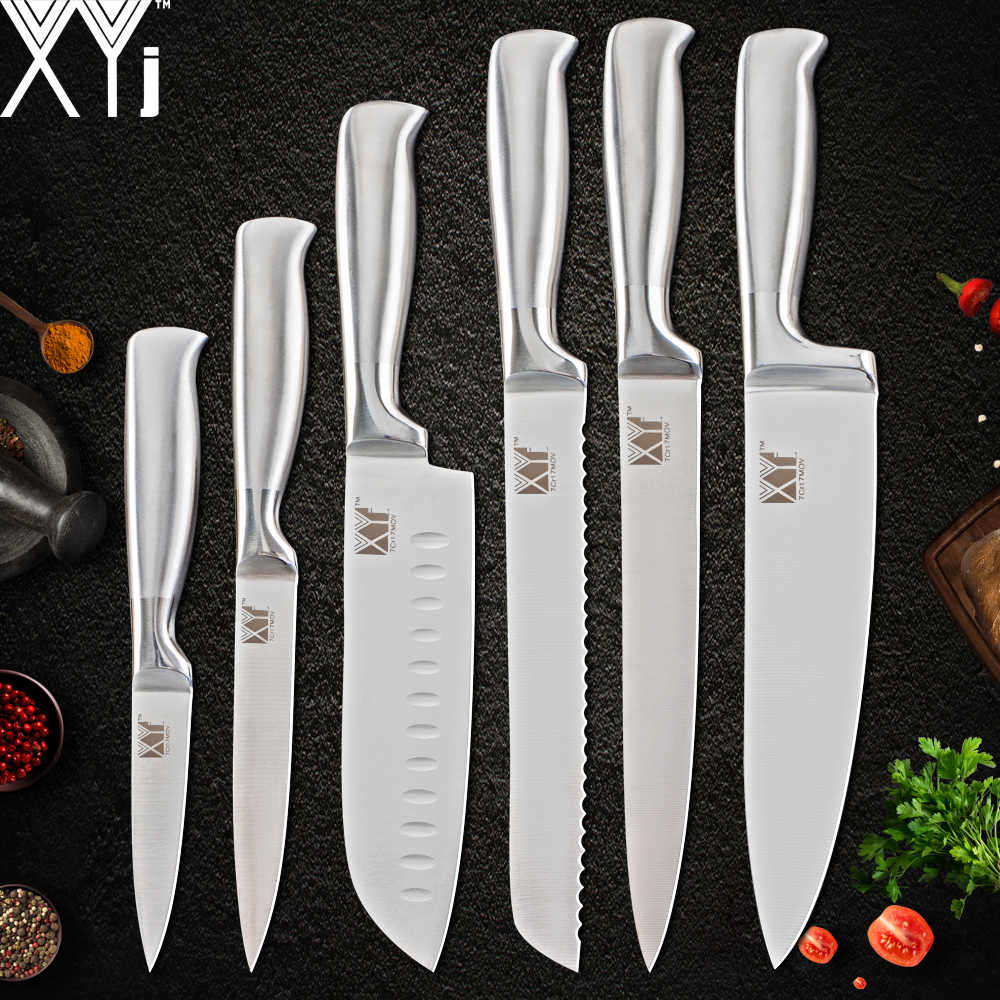 XYj-Juego de cuchillos de cocina de acero inoxidable, rebanador de pan de Chef, Santoku, Utilidad de pelar, soporte de cuchillo de acero inoxidable