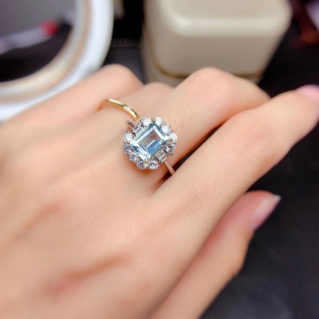 Vintage cielo azul piedra de topacio anillo de plata de las mujeres anillo de Zircón DE BODA Natural colorido gema anillo de lujo joyería fina