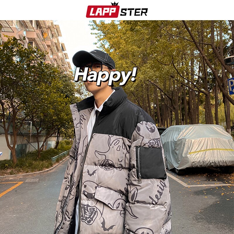 Lappster herr japansk streetwear svart pufferjacka herr harajuku patchwork vinter bubbelrockar manlig spöke hip hop parka