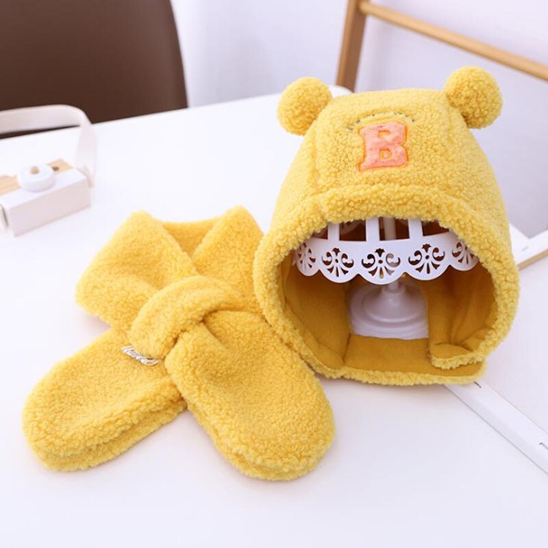 Doitbest vindtät baby barn mössa två bollar b bokstäver lammull varma pojkstickade mössor vinter 2 st pojke tjej mössa scarf set: Gul