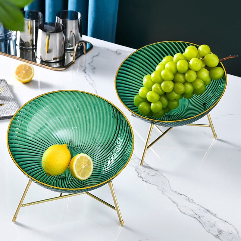 Cuencos de plástico para servir frutas, Bol redondo transparente para ensalada, plato de aperitivos con borde dorado, con estante de Metal, contenedor de comida para