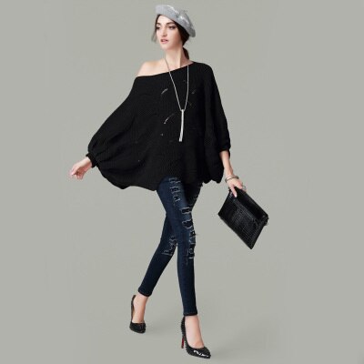 Loose Knit Scalloped Sweater Off Shoulder Pullover Women Pink Batwing Sleeve Knitwear Oversized Poncho Sweater: black