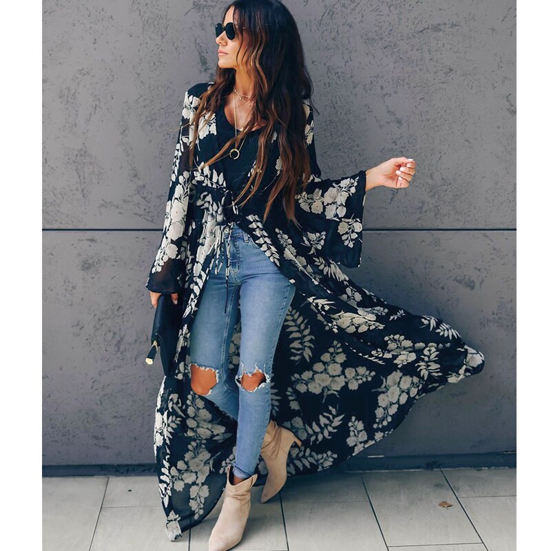 Bikini cover-ups boho printet lang kimono cardigan plus size hvid sort chiffon tunika dame strand wear badedragt cover up  a225