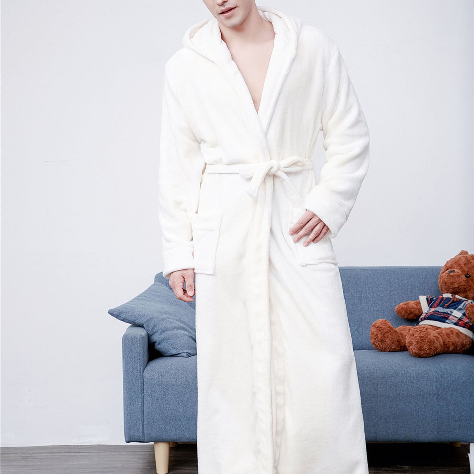 Chemise de nuit épaisse, pyjama en flanelle, couleur unie, revers, vêtements de maison, manches longues, à capuche, pour hommes et femmes: WHITE / M