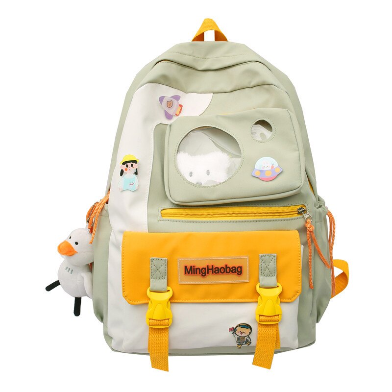 Kawaii Nylon Vrouwen Rugzak Mode Waterdichte Rugzak Voor Tienermeisjes Schooltas Leuke Student Boekentas Reizen Mochila: green / with duck cat pendan