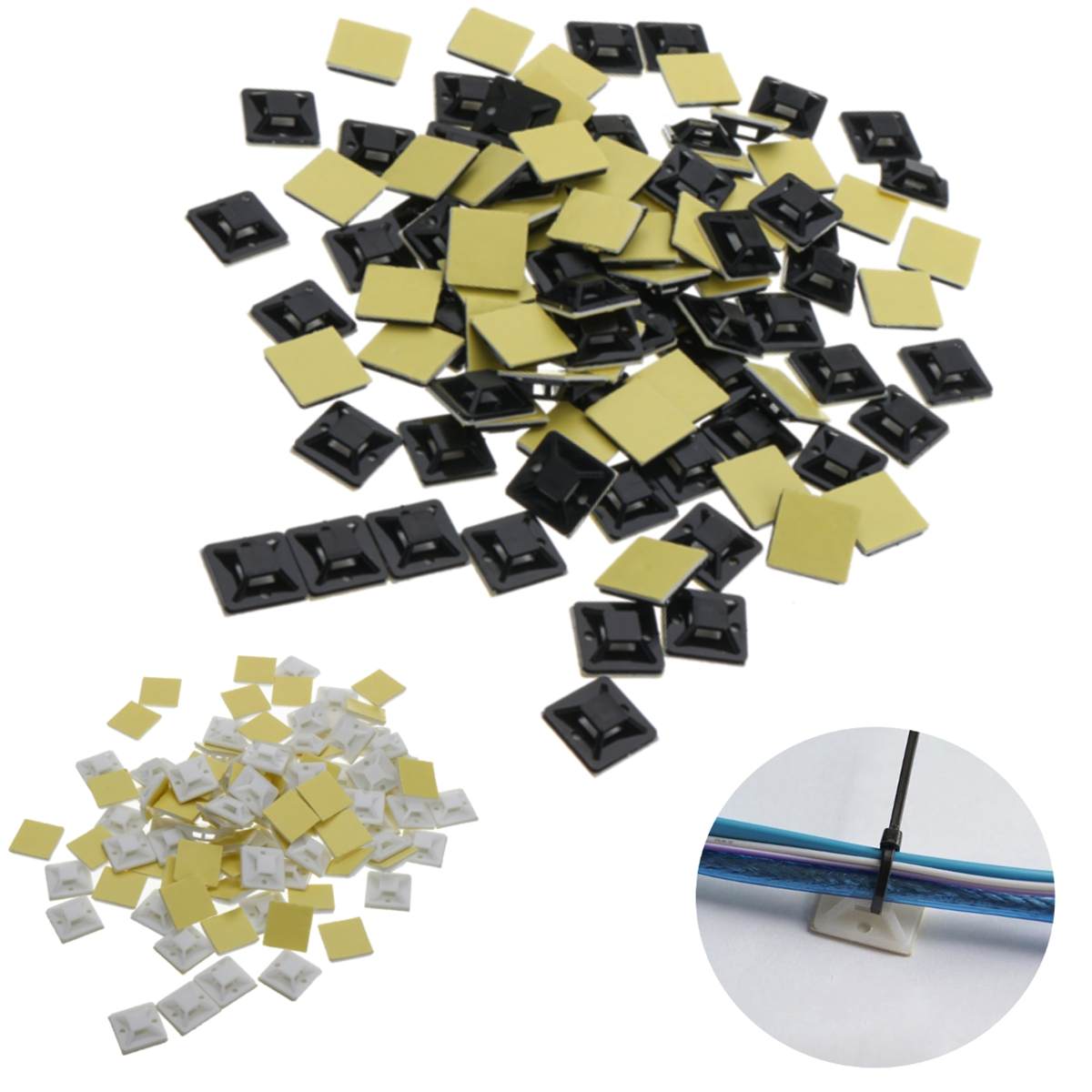 200PCS 100Pcs 20x20mm Self Adhesive Stick-on Mounts For Cable Ties / Routing Looms Wire & Cable Base Clamps Clip Black White