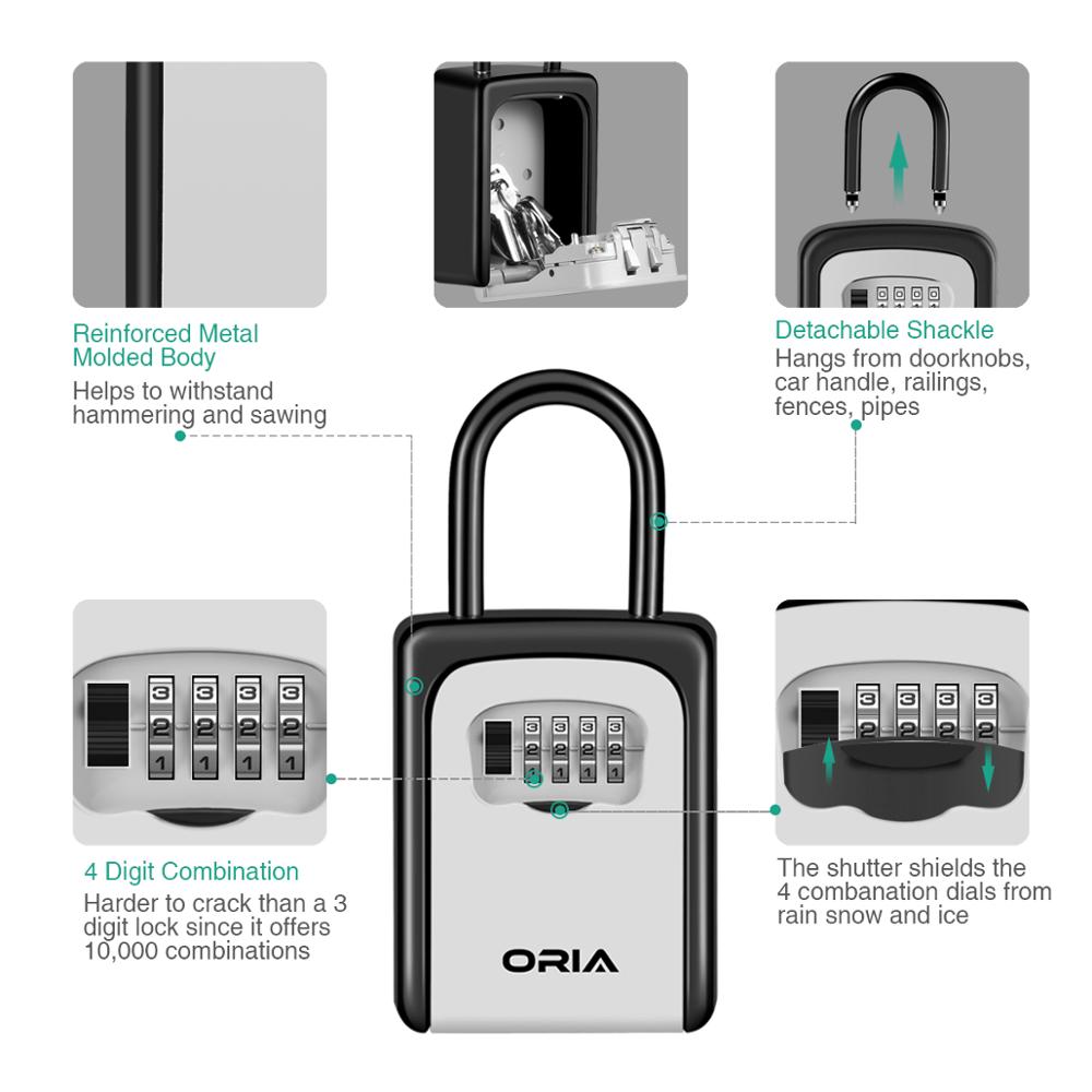 ORIA 4 Digit Key Lock Box Wall Mounted Key Storage Safe Box Waterproof with Removable Shackle for Indoors and Outdoors