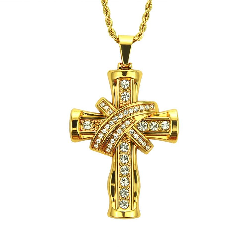 Hip Hop, diamantes de imitación pavimentados, Bling Iced Out Tie, colgantes de cruz, collar para hombres, joyería de rapero, Color oro, plata, triangulación de: gold