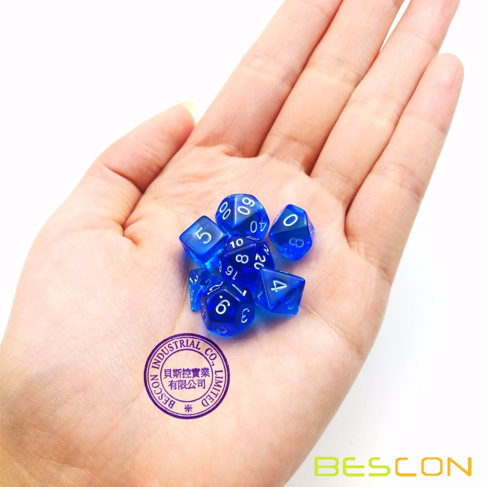 Bescon mini Traslucido Poliedrica RPG Dadi impostato 10MM, ottavino RPG Giochi di Ruolo Gioco di Dadi impostato D4-D20 in Tubo, Blu Trasparente