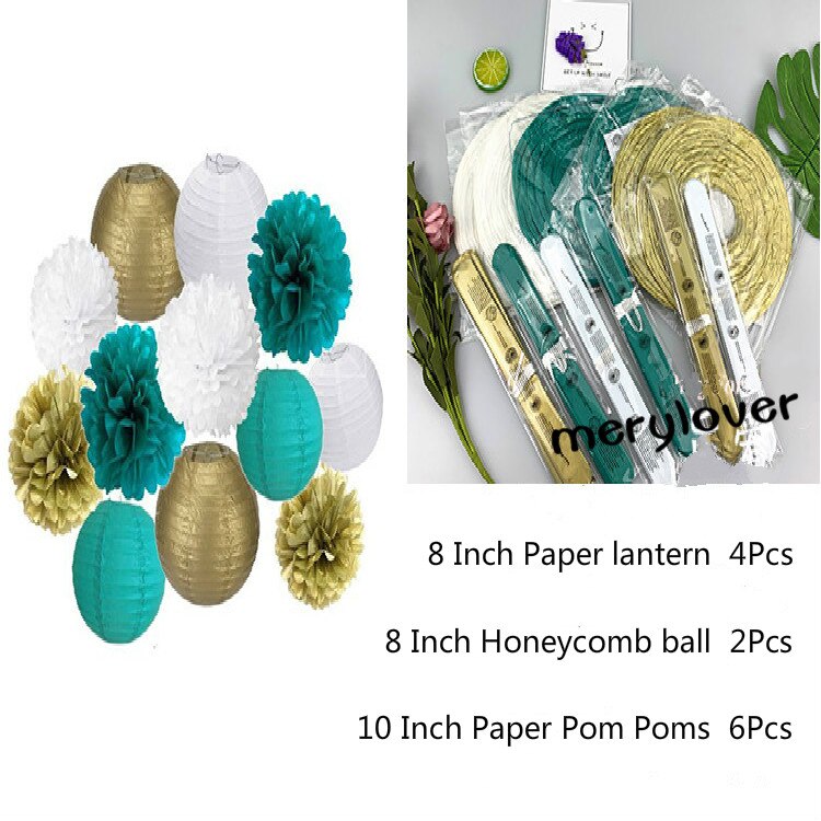 12pcs/set Mixed Paper Lantern Paper Honeycomb Ball Hanging Paper Pom PomsWedding Birthday Decor DIY Baby Shows Party Supplies: white gold green 12p