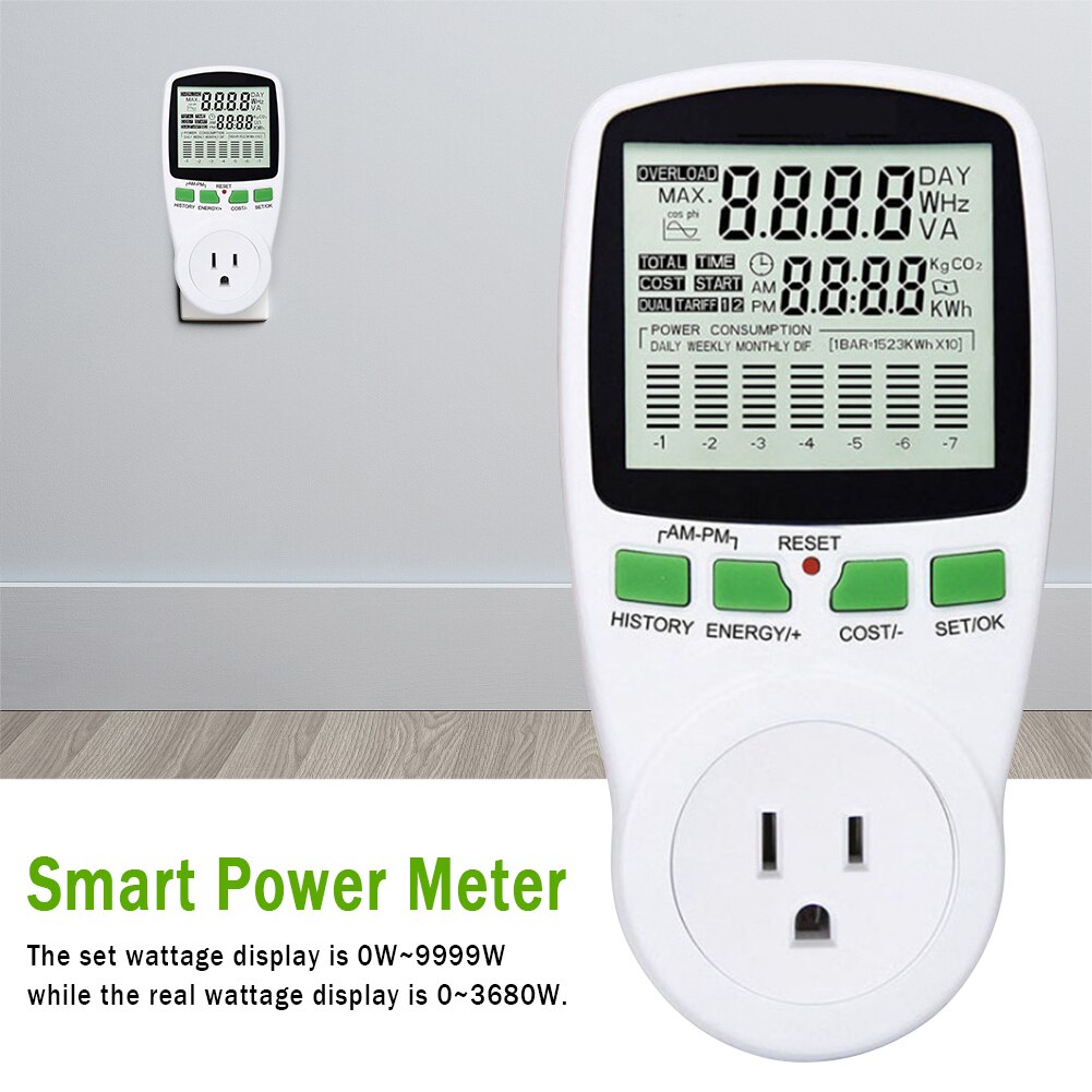 2 pin kwh mittaus watti digitaalinen kodin tehonäyttö analysaattori älykäs tehomittari kannettava sähkö eu us pistoke pistorasialla 230v