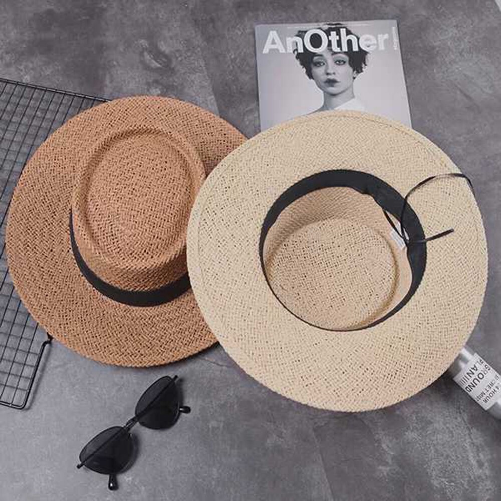 Kvinner sommer Strand solhatt merke flat topp stråhatt jente bånd strandhatt bein feminino gorra