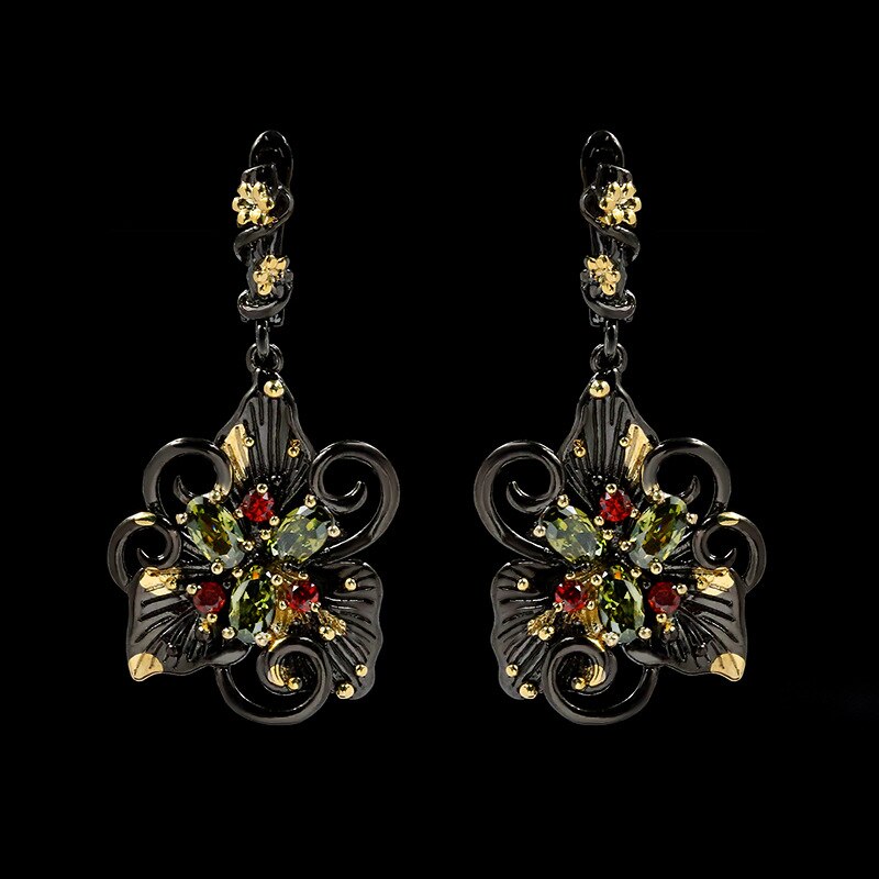 Exquisite Temperament Black Gold Red Hollow Floral Zircon Earrings High-end Light Luxury 925 Silver Jewelry Bridal Earrings: F03000577