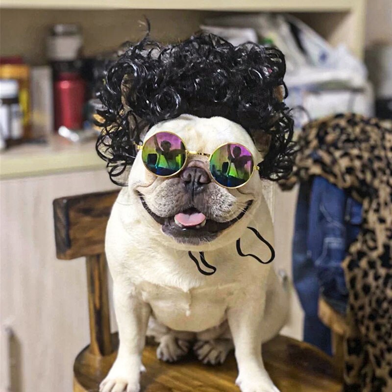 Cosplay Hond Pruik Kostuum Vermomming Pruiken Voor Honden Katten Grappige Halloween Pak Kerst Huisdieren Hond Accessoires Franse Bulldog: Black curls