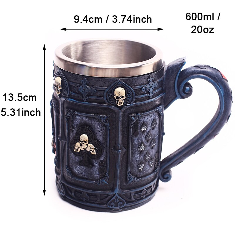 Skull Mug Poker Skull Maltese 3D Tankard 304 Stainless Steel Inner Punk Gothic Beer Mugs Cup Halloween Birthday 400mL