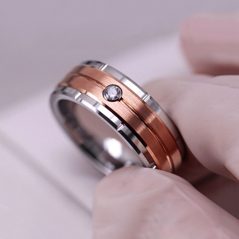 I & Fdlk 8Mm Mannen Mode Rose Goud Titanium Stalen Ring Crystal Ingelegd Wedding Band Engagement Sieraden voor Hem