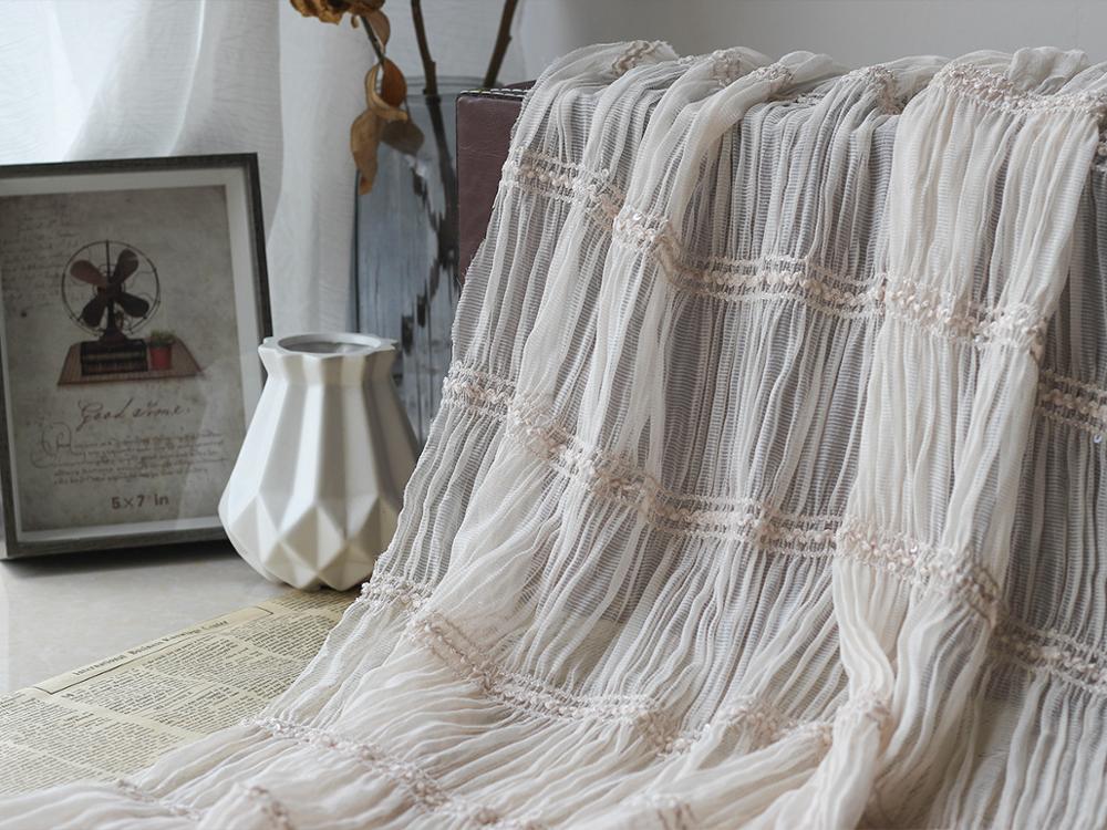 Tela a rayas de gasa bordada con gancho tridimensional, tul transpirable bordado, arrugado, tela de vestido para mujer: beige
