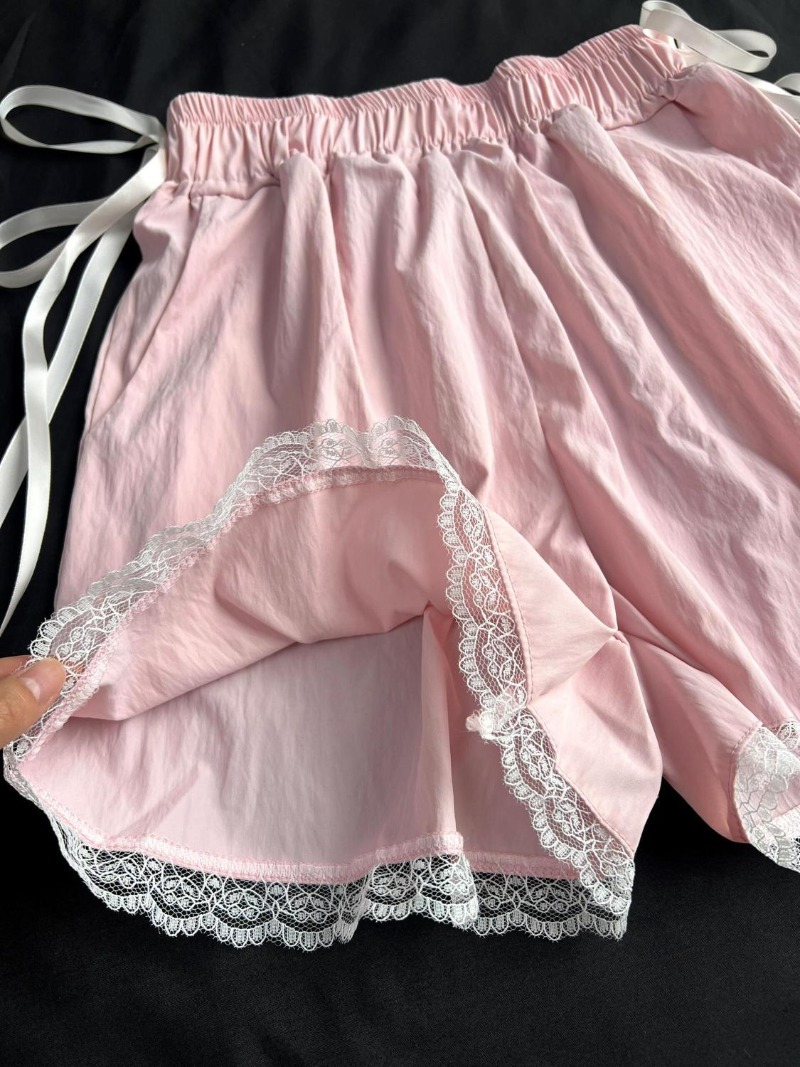 Højtaljede shorts i japansk stil med blonder, ruched patchwork,  y2k vide ben til kvinder, bandage, sløjfe, sommer, knælange, hotsweet, korte bukser